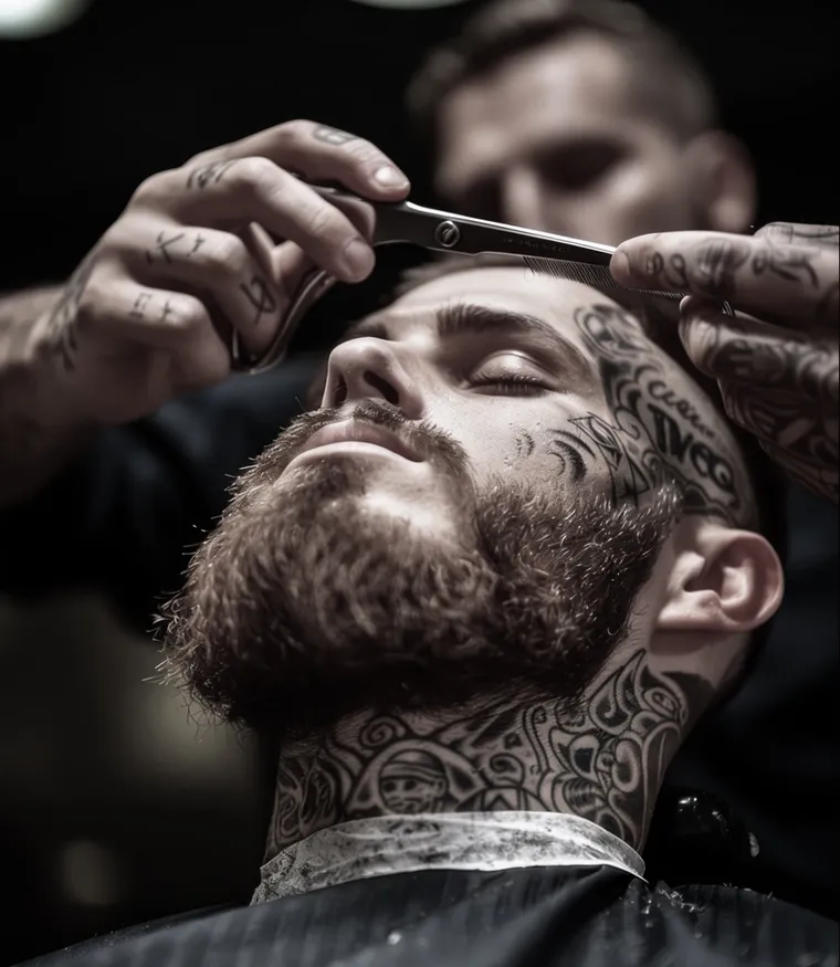 Detalhe de acabamento de barba feito com tesoura